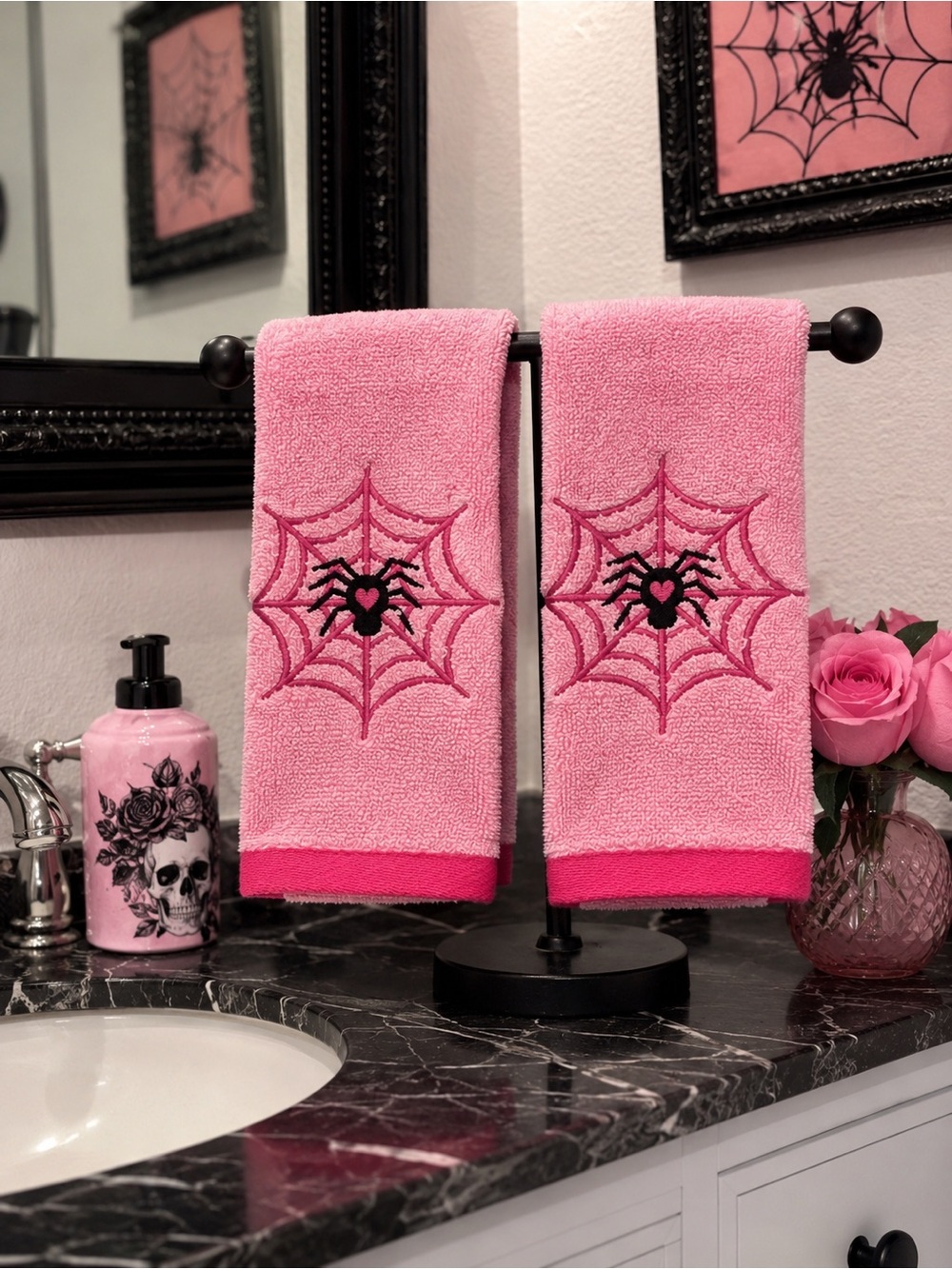 Betsey Johnson Hot Pink Spider Web Embroidered Hand Towels - Set of 2